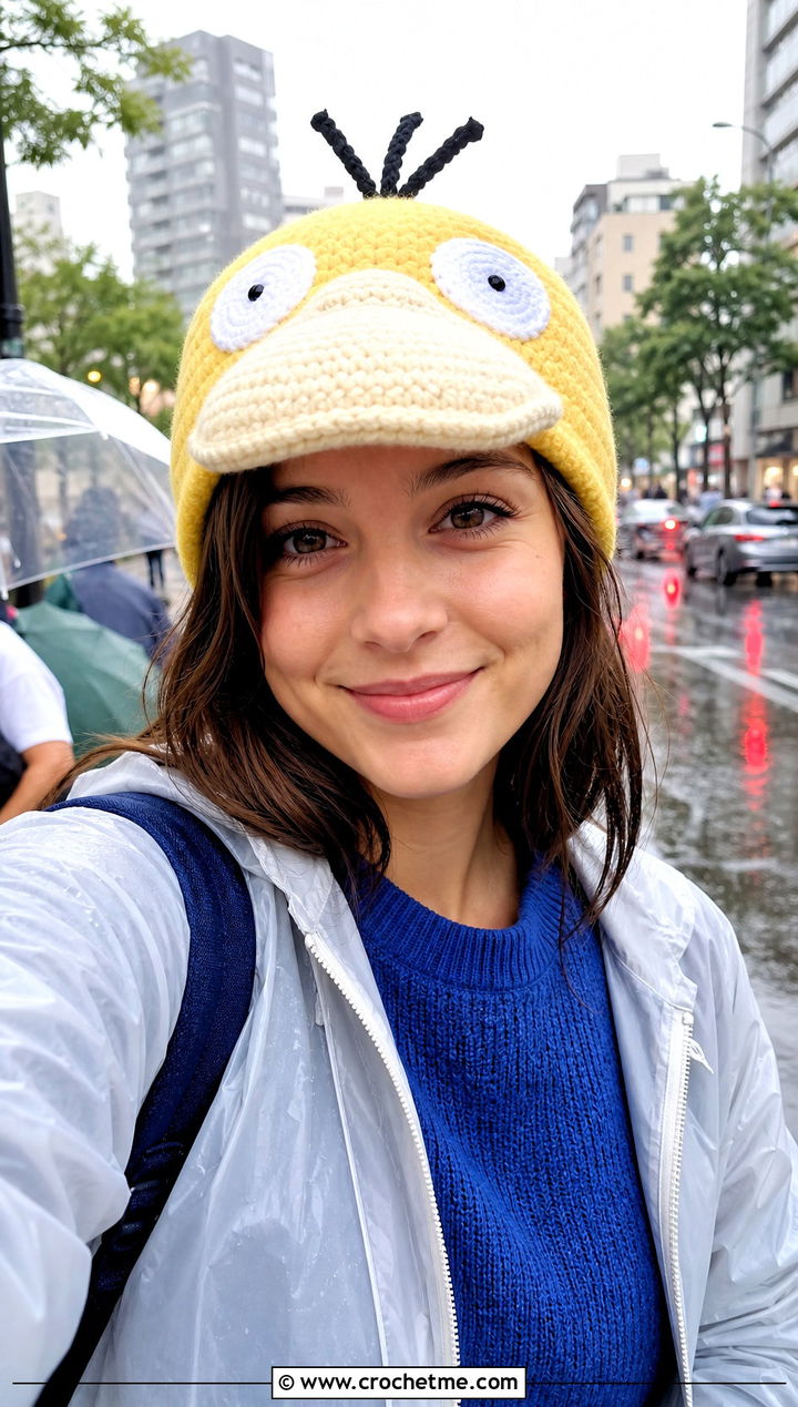 Psyduck Duck Bill Beanie With Rain Jacket - 30 crochet pokemon beanie outfit ideas