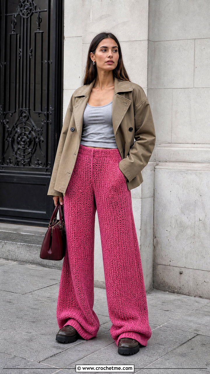 Puddle Hem Crochet Baggy Pants With Cropped Trench Coat - 35 crochet baggy pants outfit ideas