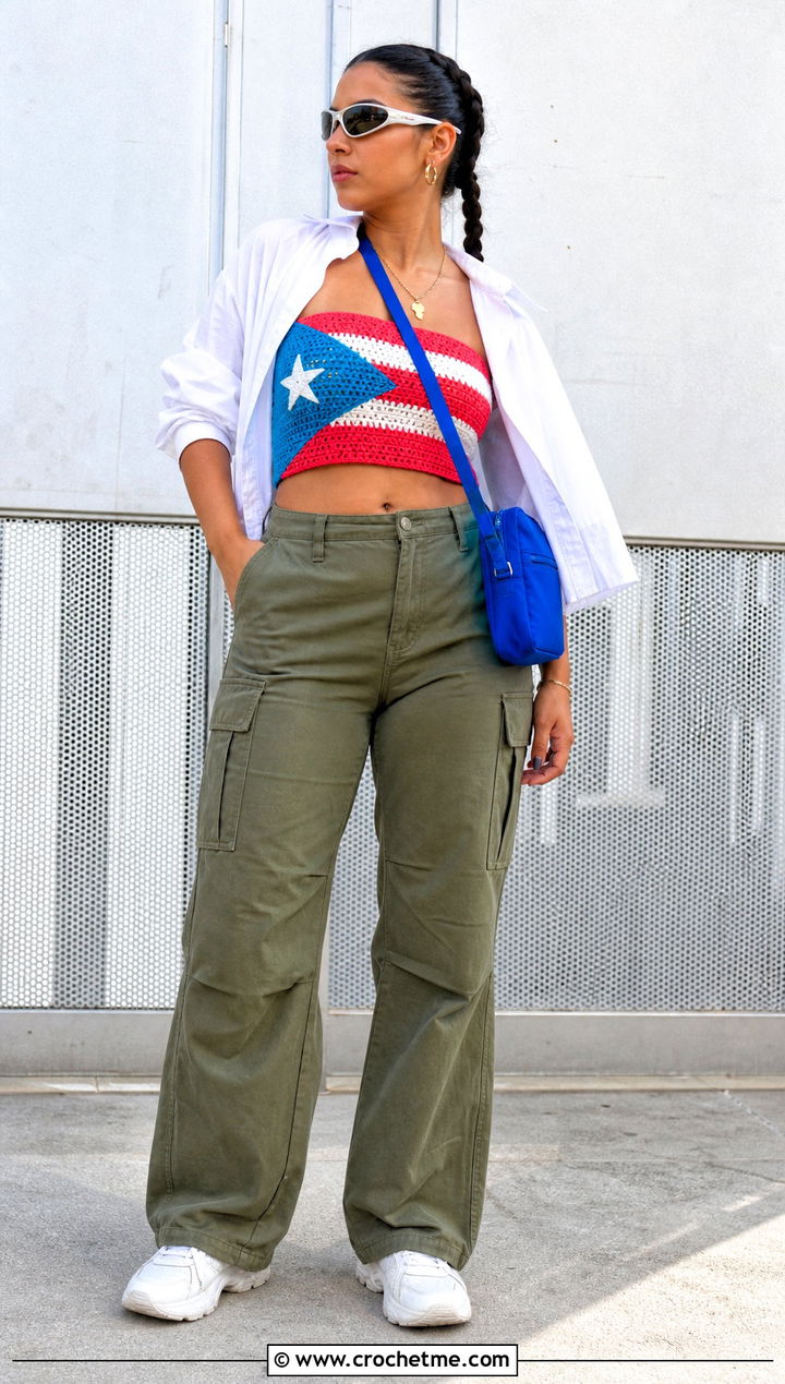 Puerto Rican Flag Crochet Bandeau Top With Cargo Pants - 20 Puerto Rican Flag Crochet Top outfit ideas