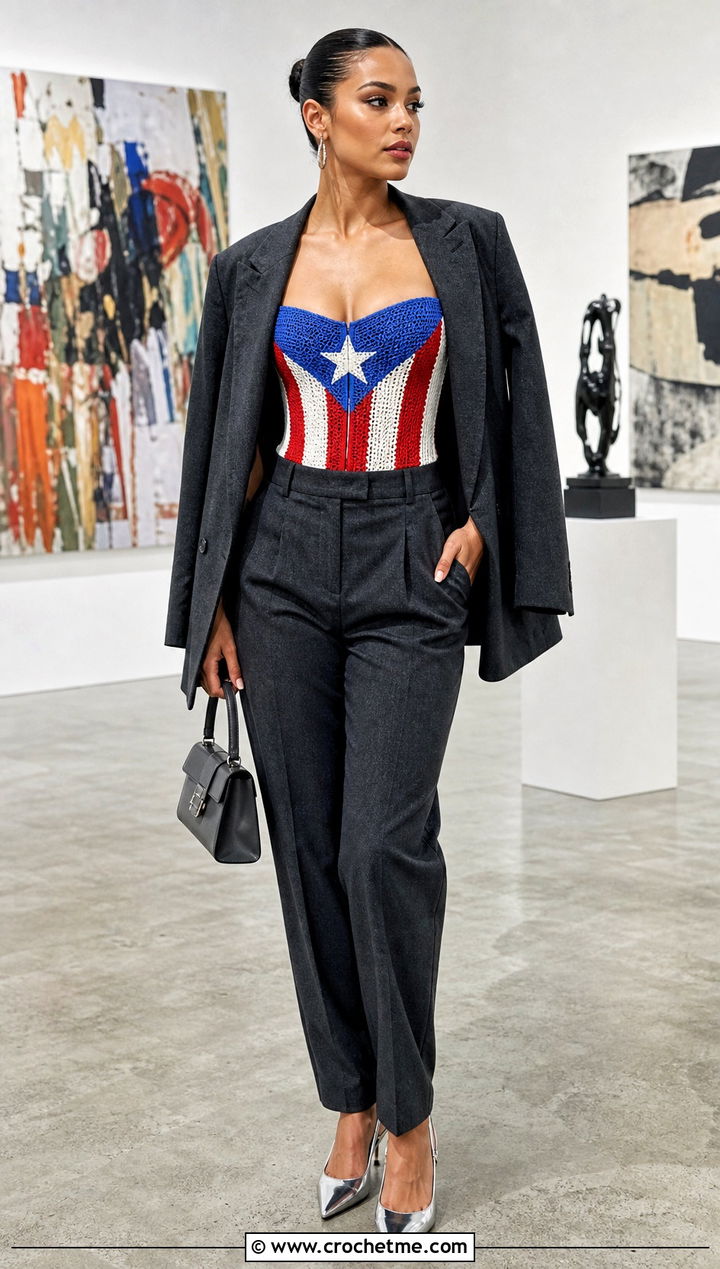 Puerto Rican Flag Crochet Corset Top With Tailored Trousers - 20 Puerto Rican Flag Crochet Top outfit ideas