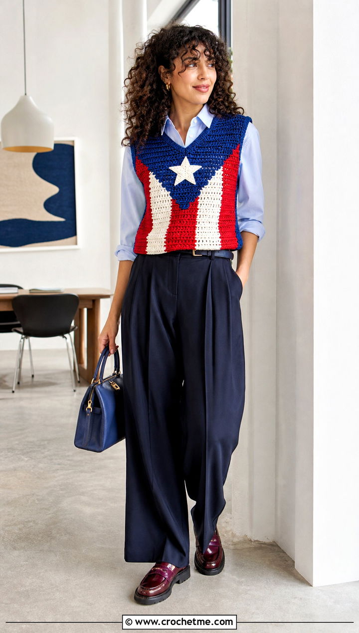 Puerto Rican Flag Crochet Vest Top With Pleated Trousers - 20 Puerto Rican Flag Crochet Top outfit ideas