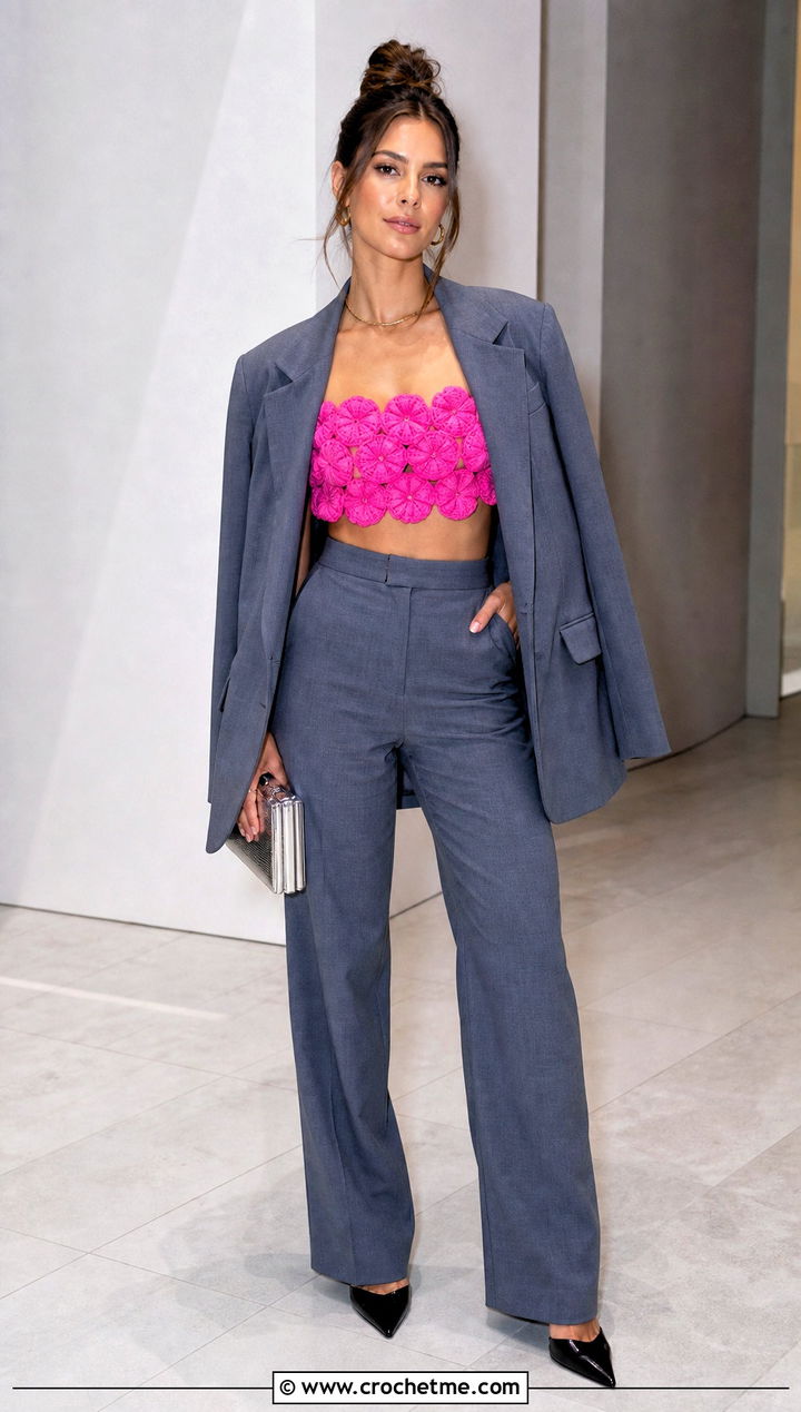 Puff Flower Crochet Bandeau Top With Oversized Blazer - 30 puff flower crochet top outfit ideas