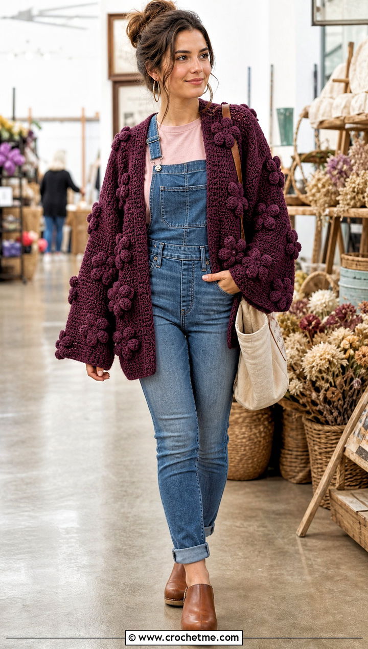 Puff Flower Crochet Bell Sleeve Cardigan With Denim Overalls - 30 crochet bell sleeve cardigan outfit ideas