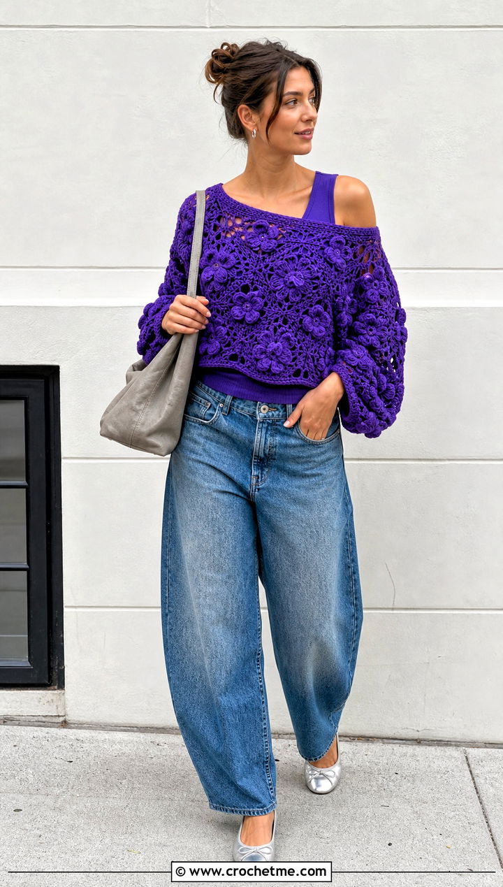 Puff Flower Crochet Boat Neck Top With Barrel Jeans - 30 puff flower crochet top outfit ideas