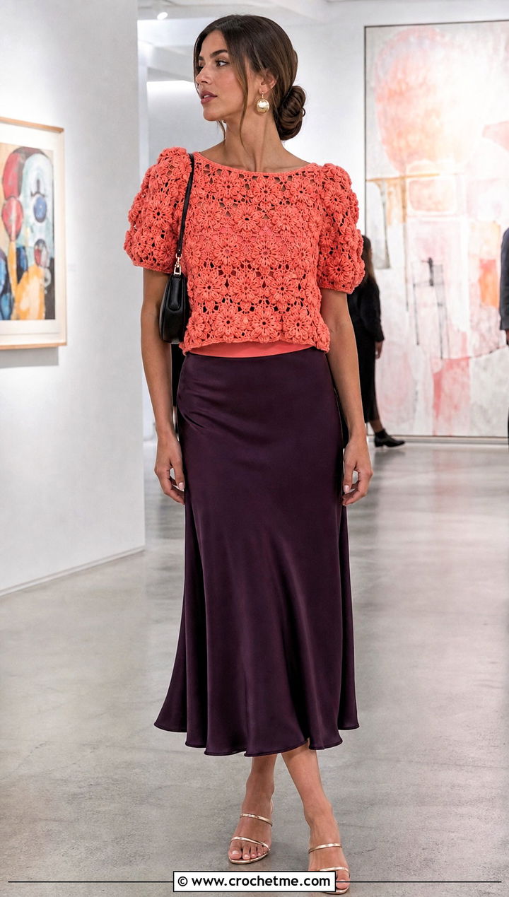 Puff Flower Crochet Boxy Top With Bias Cut Skirt - 30 puff flower crochet top outfit ideas