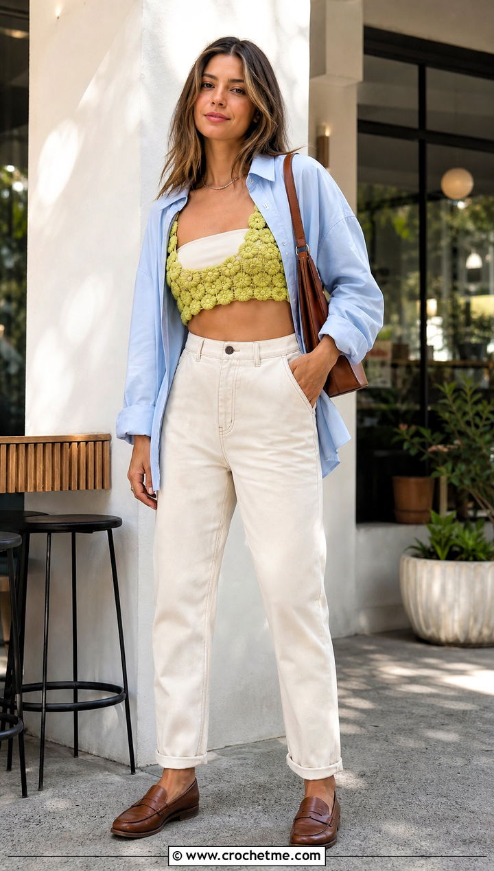 Puff Flower Crochet Bralette Top With Button Down Shirt - 30 puff flower crochet top outfit ideas