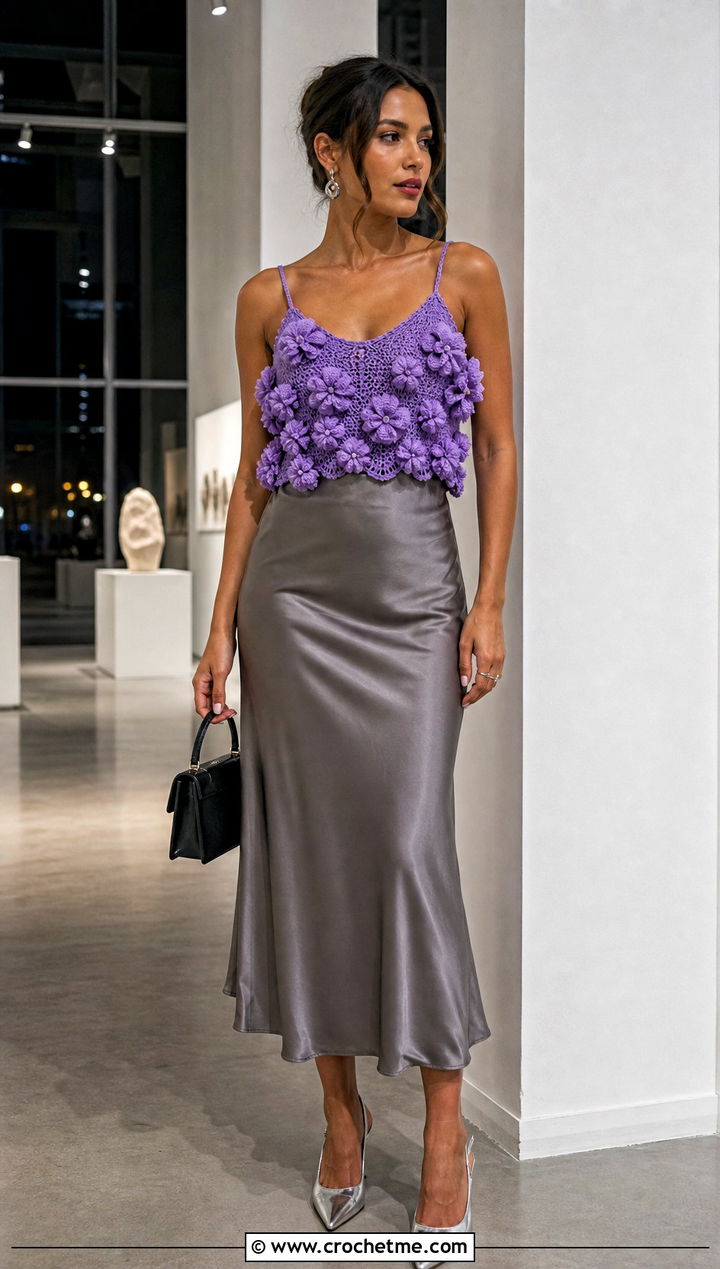 Puff Flower Crochet Camisole With Satin Midi Skirt - 30 puff flower crochet top outfit ideas