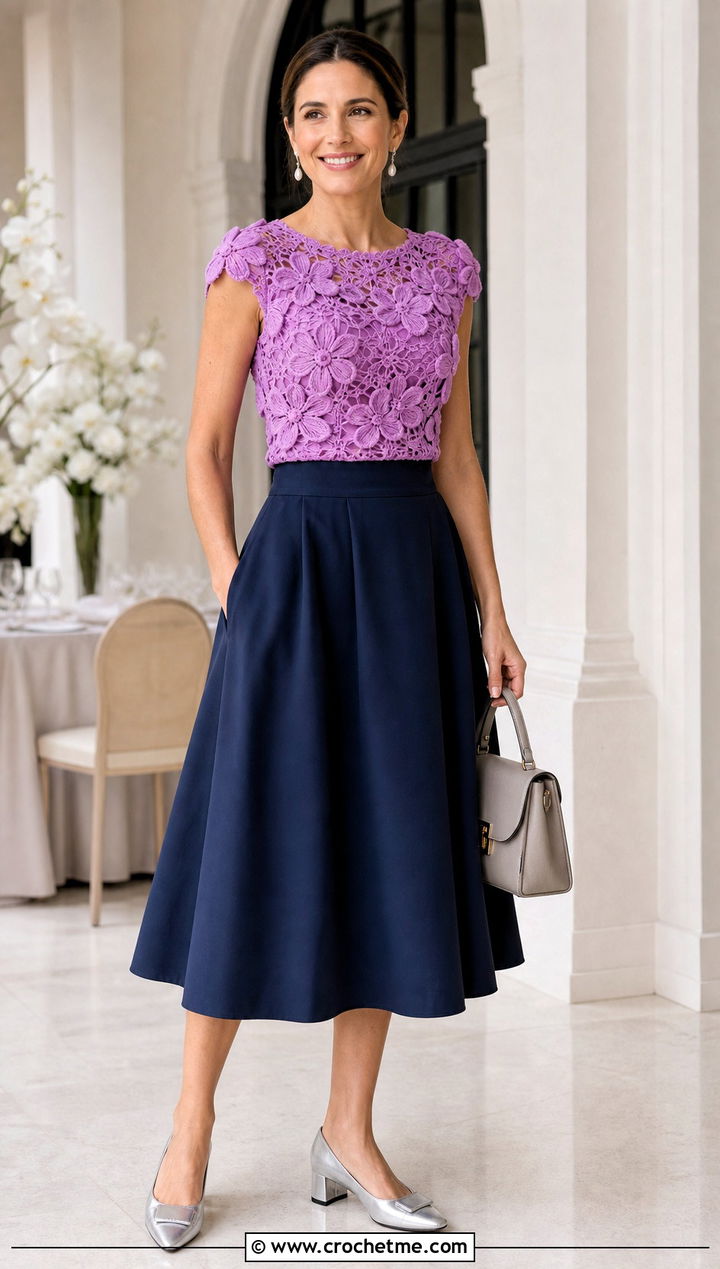 Puff Flower Crochet Cap Sleeve Top With A Line Skirt - 30 puff flower crochet top outfit ideas