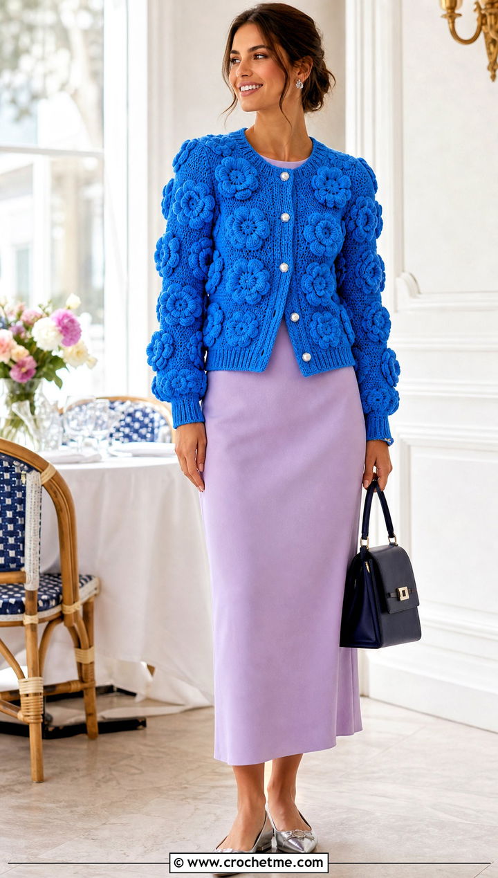 Puff Flower Crochet Cardigan Top With Column Dress - 30 puff flower crochet top outfit ideas