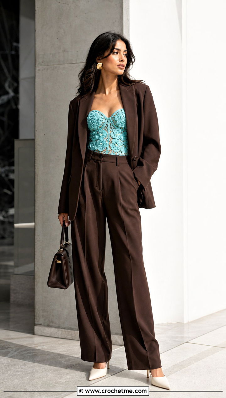 Puff Flower Crochet Corset Top With Trouser Suit - 30 puff flower crochet top outfit ideas