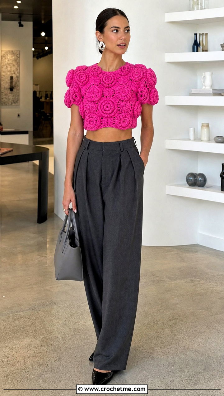 Puff Flower Crochet Crop Top With Tailored Trousers - 30 crochet flower crop top outfit ideas