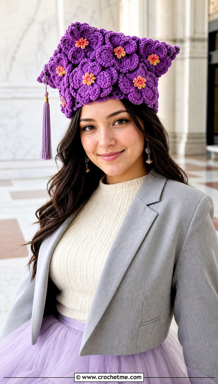 Puff Flower Crochet Graduation Cap Cover With Tulle Skirt - 30 crochet graduation cap cover outfit ideas