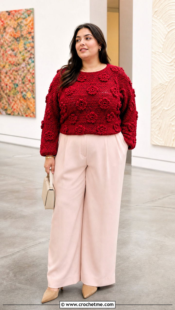 Puff Flower Crochet Long Sleeve Top With Wide Leg Pants - 25 Crochet Flower Top Long Sleeve outfit ideas
