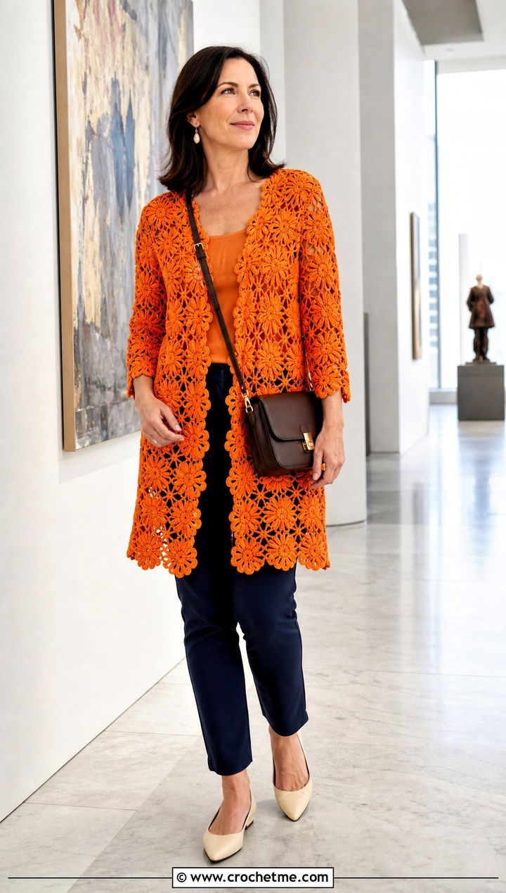 Puff Flower Crochet Longline Top With Slim Pants - 30 puff flower crochet top outfit ideas