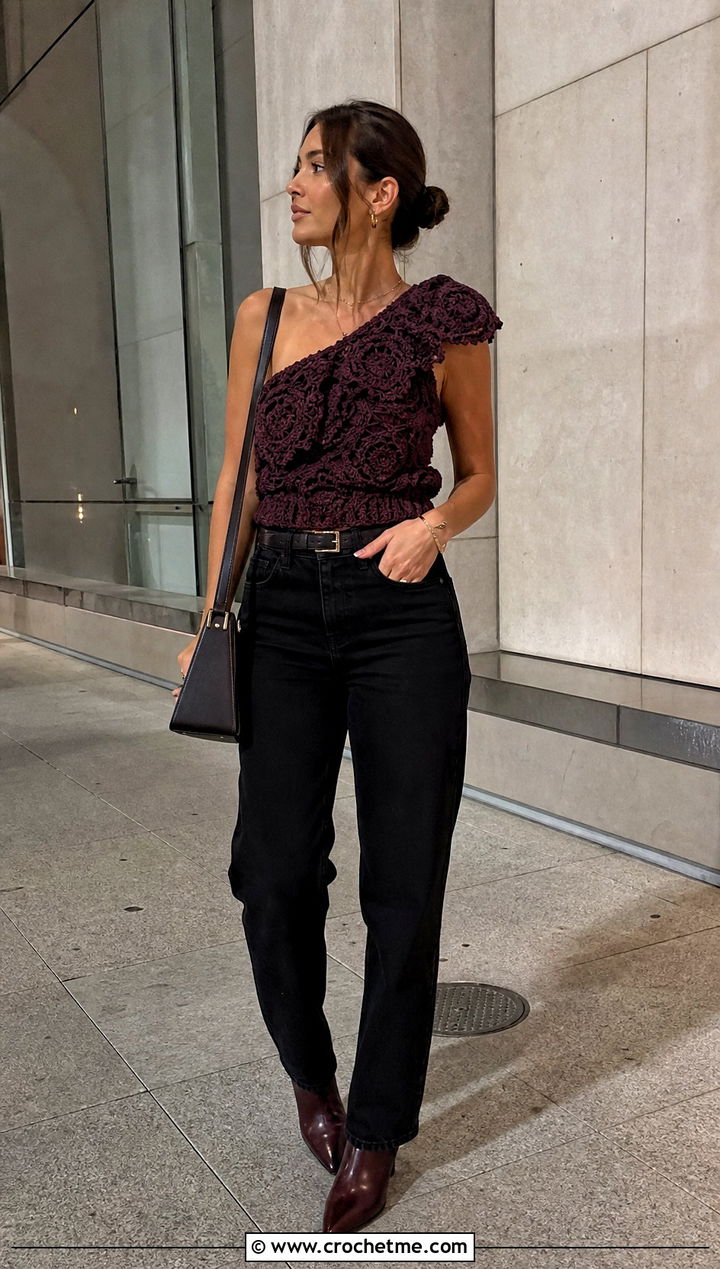 Puff Flower Crochet One Shoulder Top With Black Jeans - 30 puff flower crochet top outfit ideas