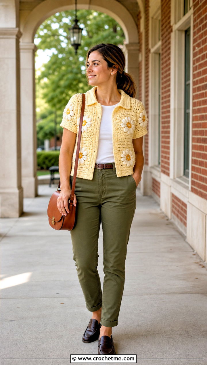 Puff Flower Crochet Polo Top With Chino Pants - 30 puff flower crochet top outfit ideas