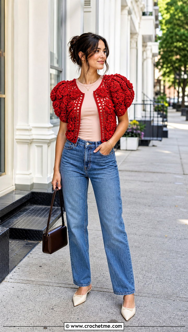Puff Flower Crochet Puff Sleeve Top With Straight Jeans - 30 puff flower crochet top outfit ideas