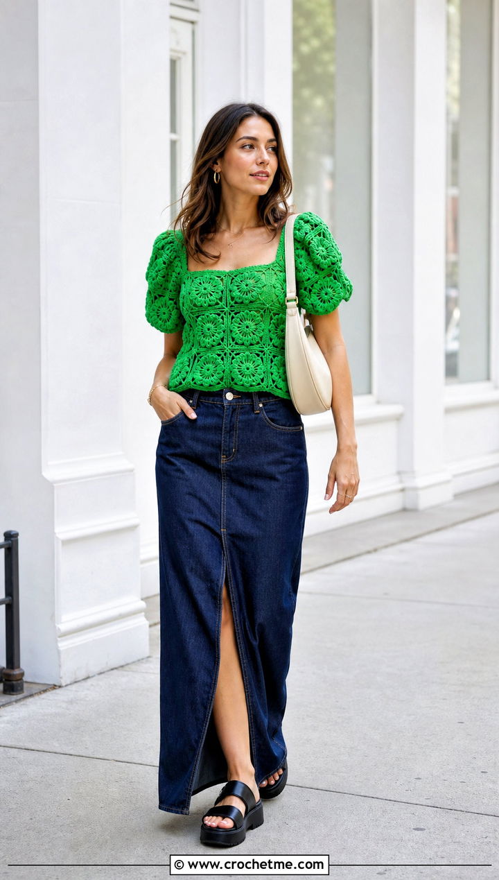 Puff Flower Crochet Square Neck Top With Denim Maxi Skirt - 30 puff flower crochet top outfit ideas