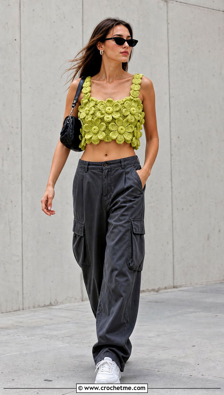 Puff Flower Crochet Top With Cargo Pants - 35 crochet top with flowers outfit ideas