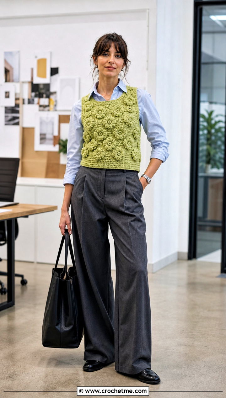 Puff Flower Crochet Vest Top With Tailored Trousers - 30 puff flower crochet top outfit ideas