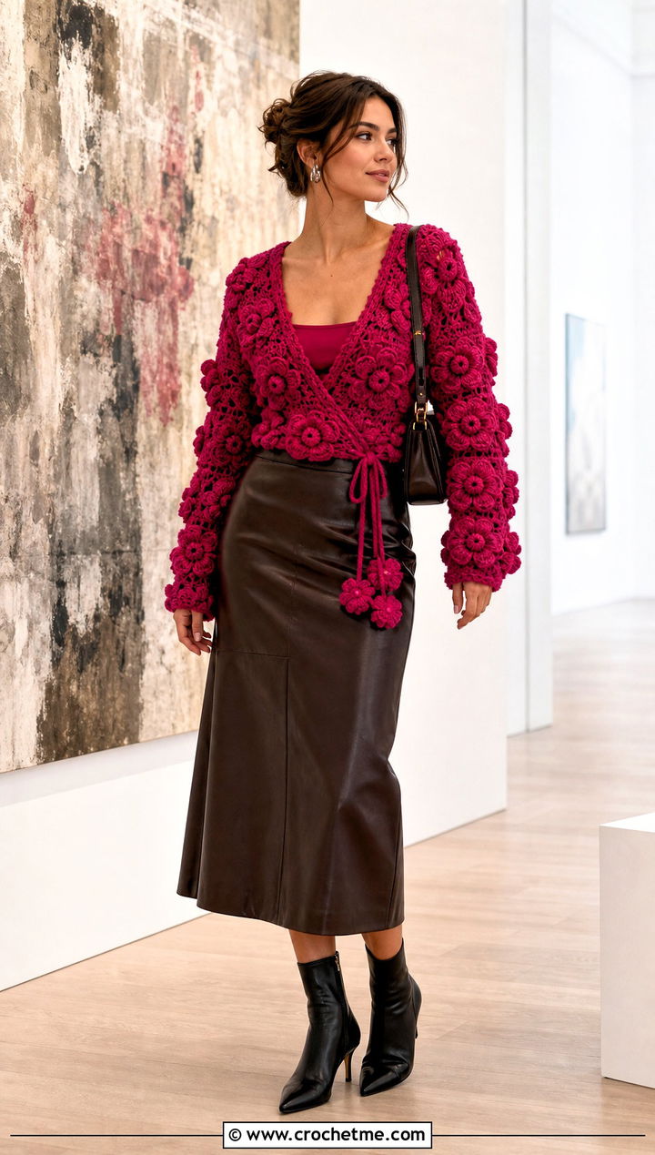 Puff Flower Crochet Wrap Top With Leather Midi Skirt - 30 puff flower crochet top outfit ideas