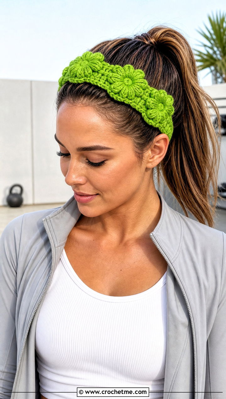 Puff Flower Elastic Crochet Headband With Athleisure Outfit - 15 crochet flower headband with elastic outfit ideas