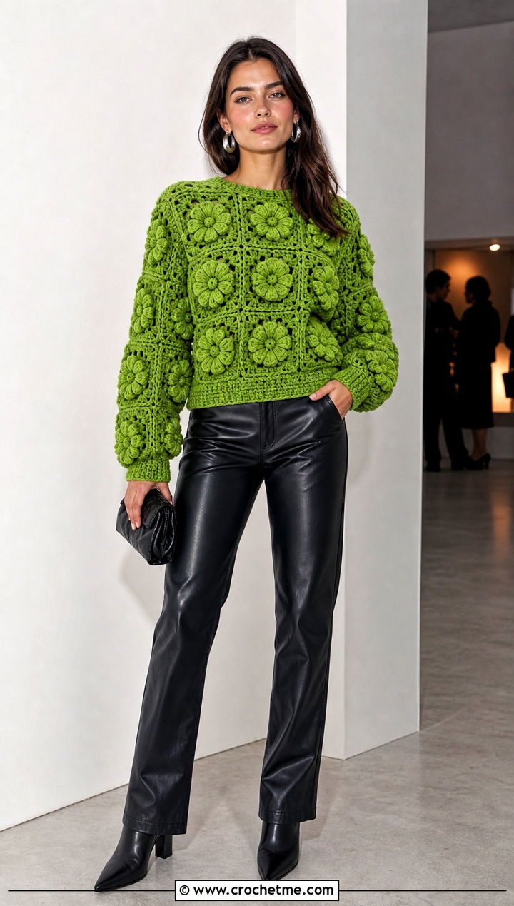 Puff Flower Granny Square Sweater With Leather Pants - 30 flower granny square sweater outfit ideas