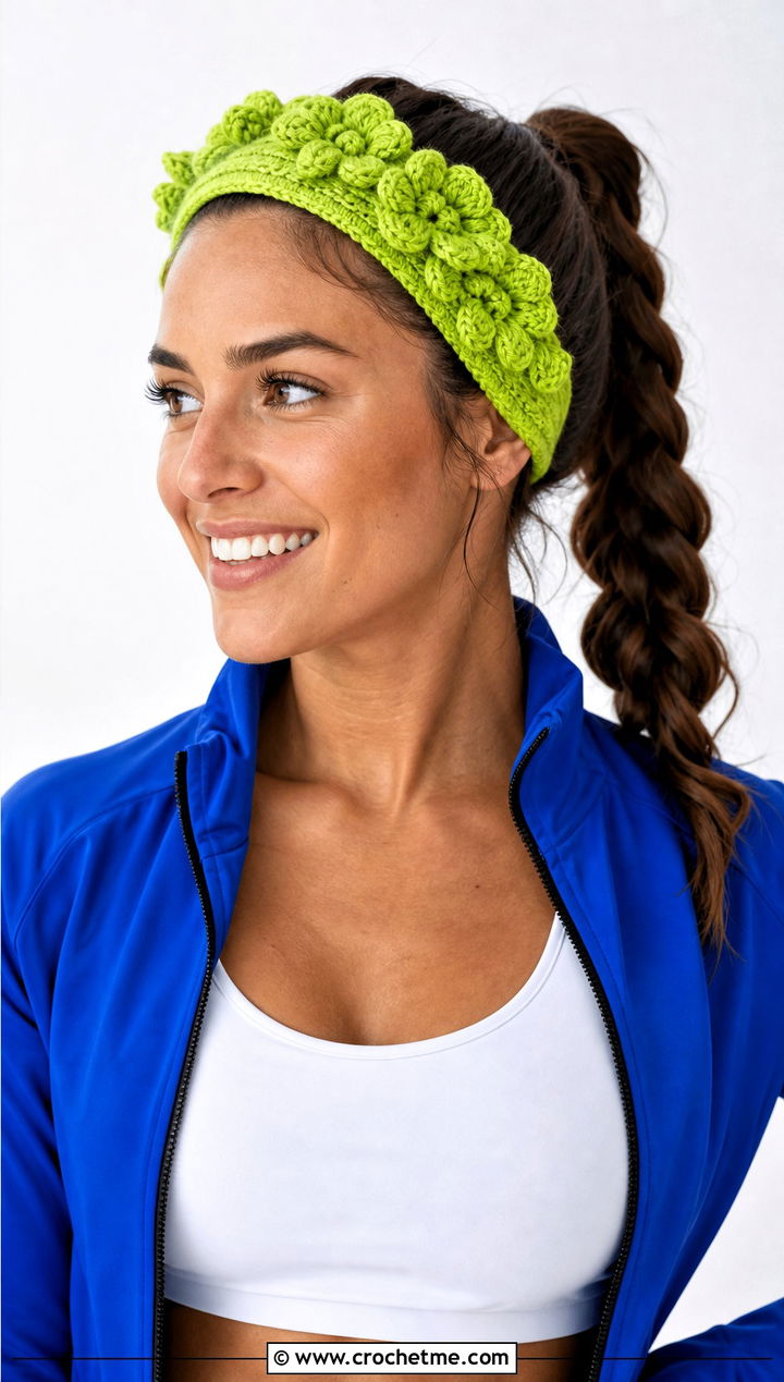 Puff Flower Headband With Athleisure Outfit - 15 crochet lovely flower headband outfit ideas