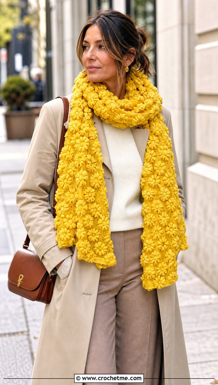 Puff Flower Scarf With Trench Coat - 30 crochet scarf with flowers outfit ideas