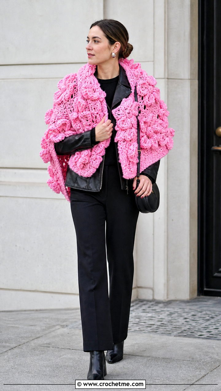 Puff Flower Shawl With Leather Jacket - 15 Crochet Flower Shawl outfit ideas