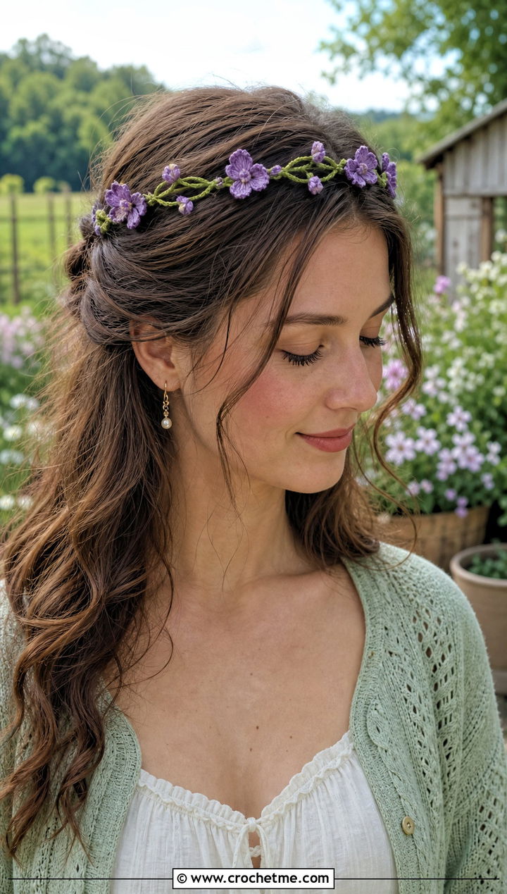 Puff Flower Vine Headband With Cottagecore Dress - 25 crochet puff flower headband outfit ideas