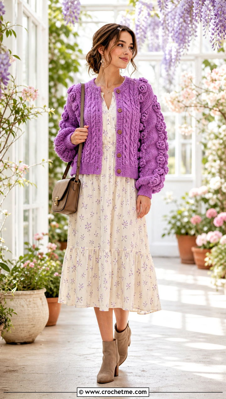 Puff Sleeve Bobble Cable Cardigan With Floral Midi Dress - 25 Crochet Cable Cardigan outfit ideas