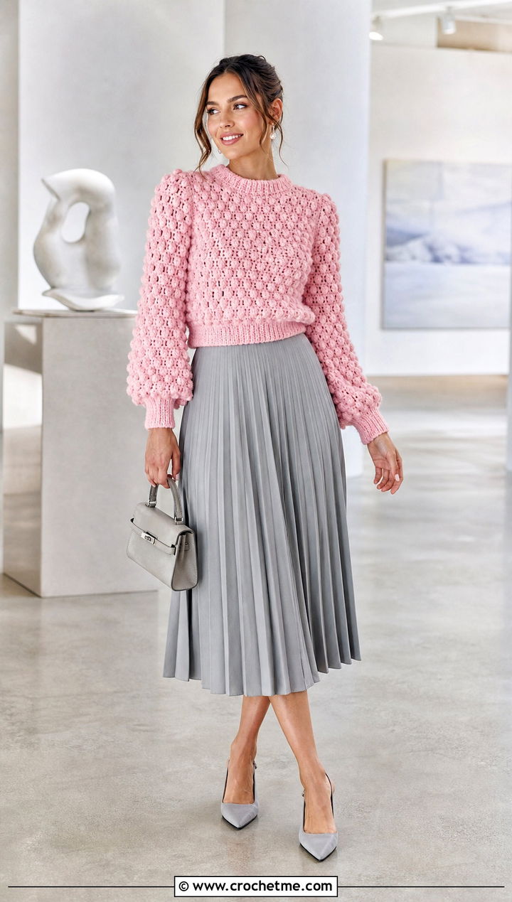 Puff Sleeve Bobble Sweater With Midi Skirt - 25 crochet bobble sweater outfit ideas