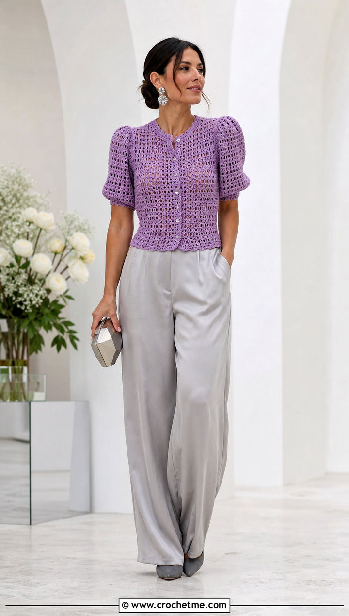 Puff Sleeve Button Cardigan With Satin Trousers - 25 Crochet Button Cardigan outfit ideas
