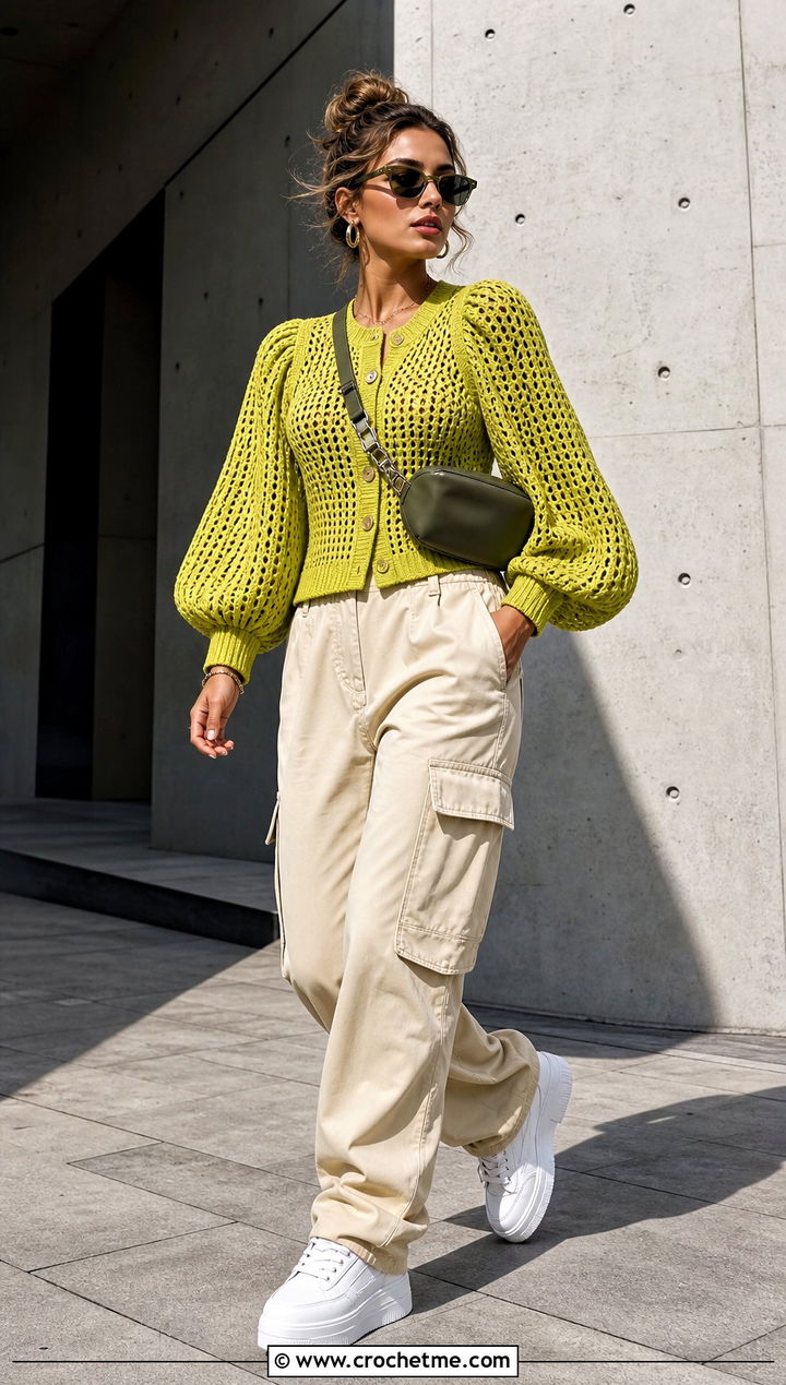 Puff Sleeve Button Crochet Cardigan With Cargo Pants - 15 crochet cardigan with button closure outfit ideas