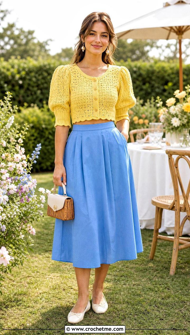 Puff Sleeve Button Front Crochet Crop Top With A Line Midi Skirt - 15 Crochet Crop Top With Buttons outfit ideas