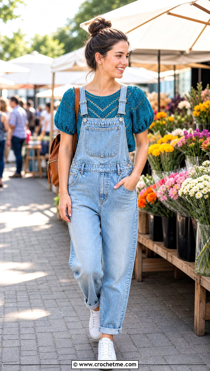 Puff Sleeve Chevron Crochet Top With Denim Overalls - 30 crochet chevron top outfit ideas