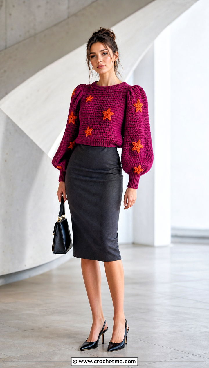 Puff Sleeve Coraline Star Crochet Sweater With Pencil Skirt - 25 coraline crochet sweater outfit ideas