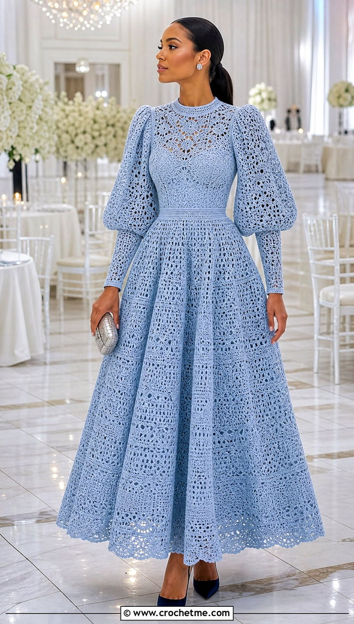 Puff Sleeve Crochet Ball Gown With Pointed Pumps - 20 Crochet Ball Gown outfit ideas