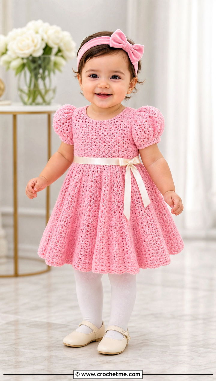 Puff Sleeve Crochet Baptism Dress With Velvet Headband - 15 crochet baptism dress outfit ideas