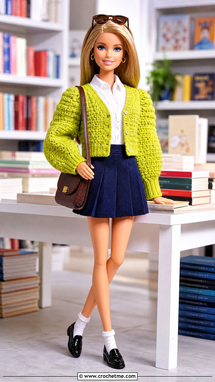 Puff Sleeve Crochet Barbie Cardigan With Pleated Skirt - 35 crochet barbie doll clothes and outfit ideas
