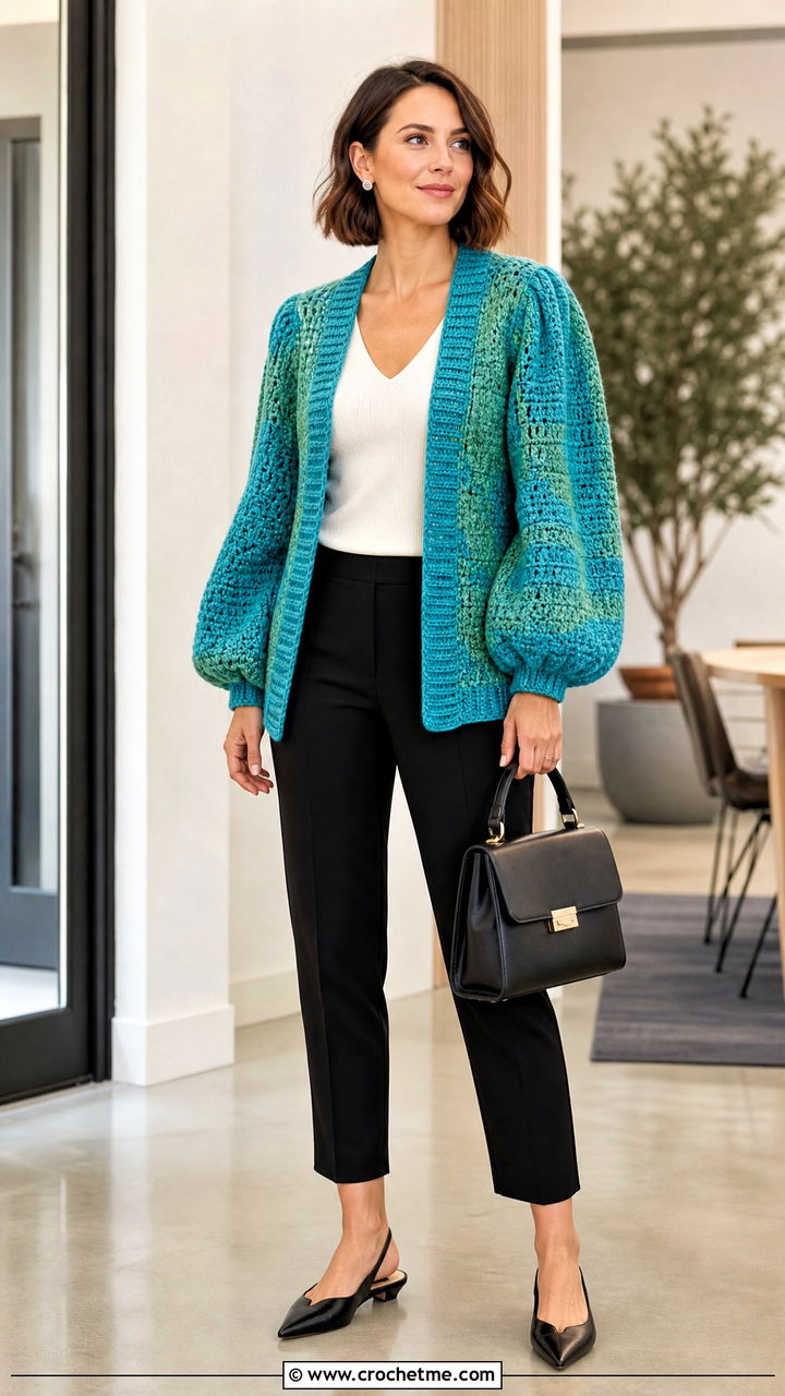 Puff Sleeve Crochet Blanket Cardigan With Cigarette Pants - 35 crochet blanket cardigan outfit ideas