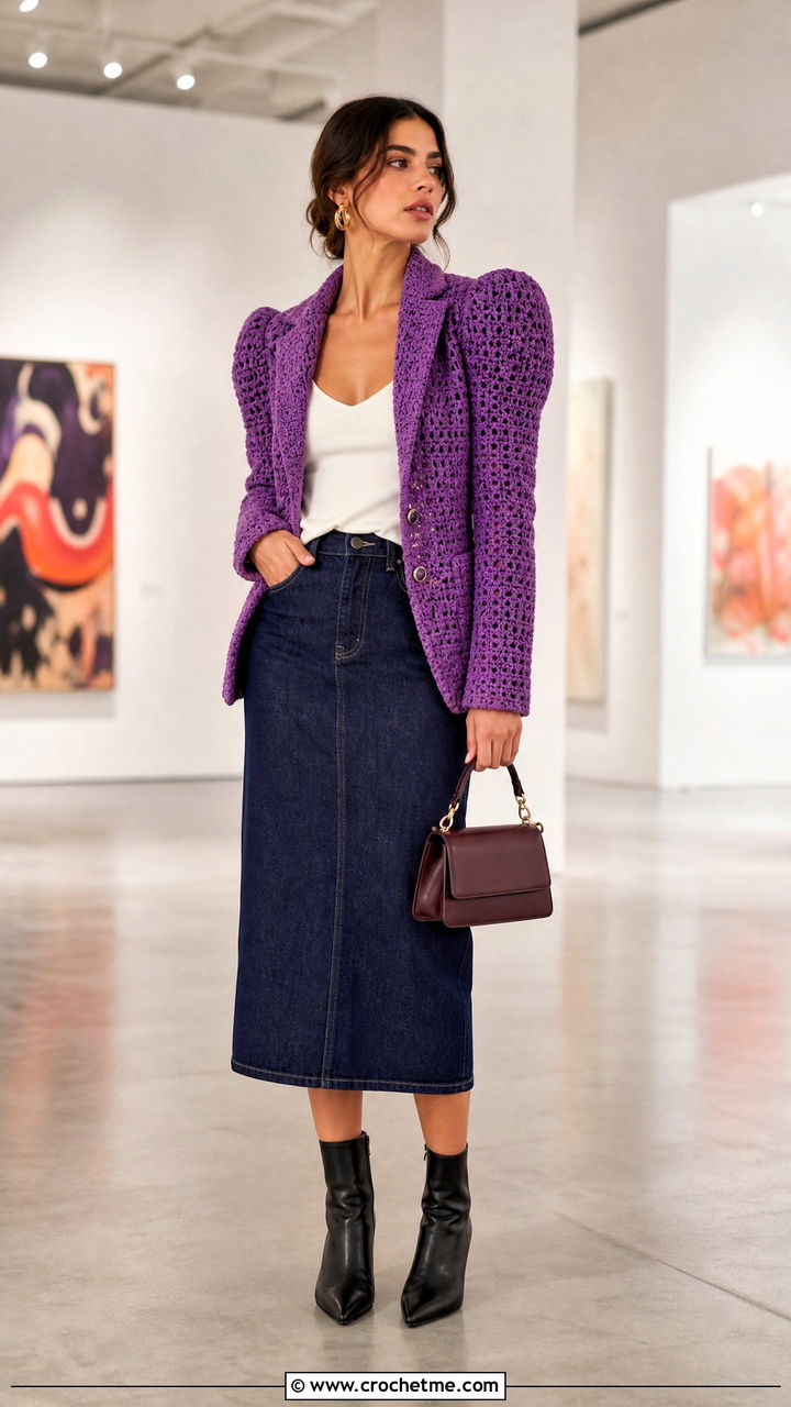 Puff Sleeve Crochet Blazer With Straight Skirt - 35 crochet blazer outfit ideas