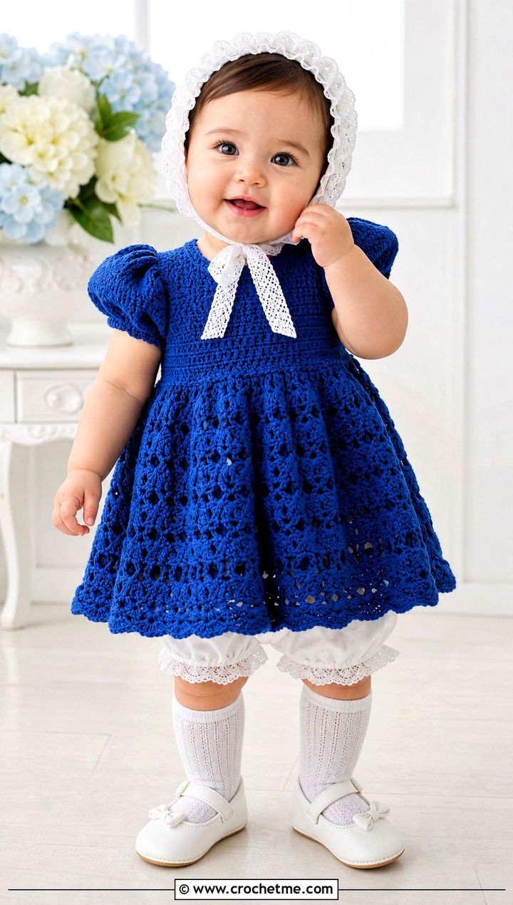 Puff Sleeve Crochet Blessing Dress With Lace Bonnet - 15 Crochet Blessing Dress outfit ideas