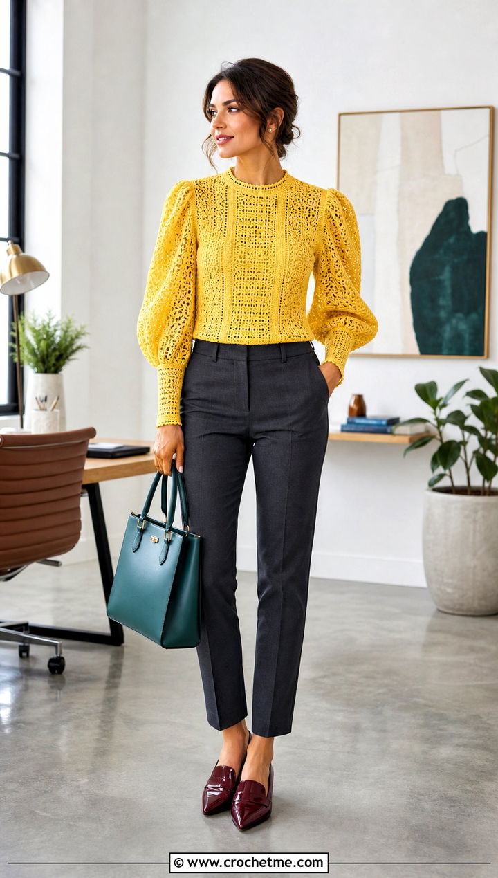 Puff Sleeve Crochet Blouse With Cigarette Pants - 35 crochet womens tops outfit ideas