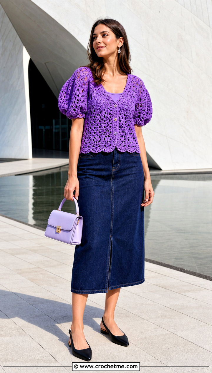 Puff Sleeve Crochet Blouse With Denim Midi Skirt - 15 quick crochet blouse outfit ideas