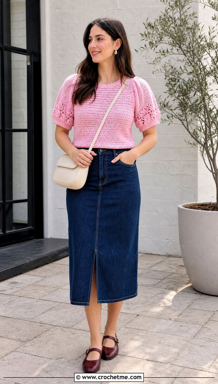 Puff Sleeve Crochet Blouse With Denim Midi Skirt - 15 Beginner Crochet Blouse outfit ideas