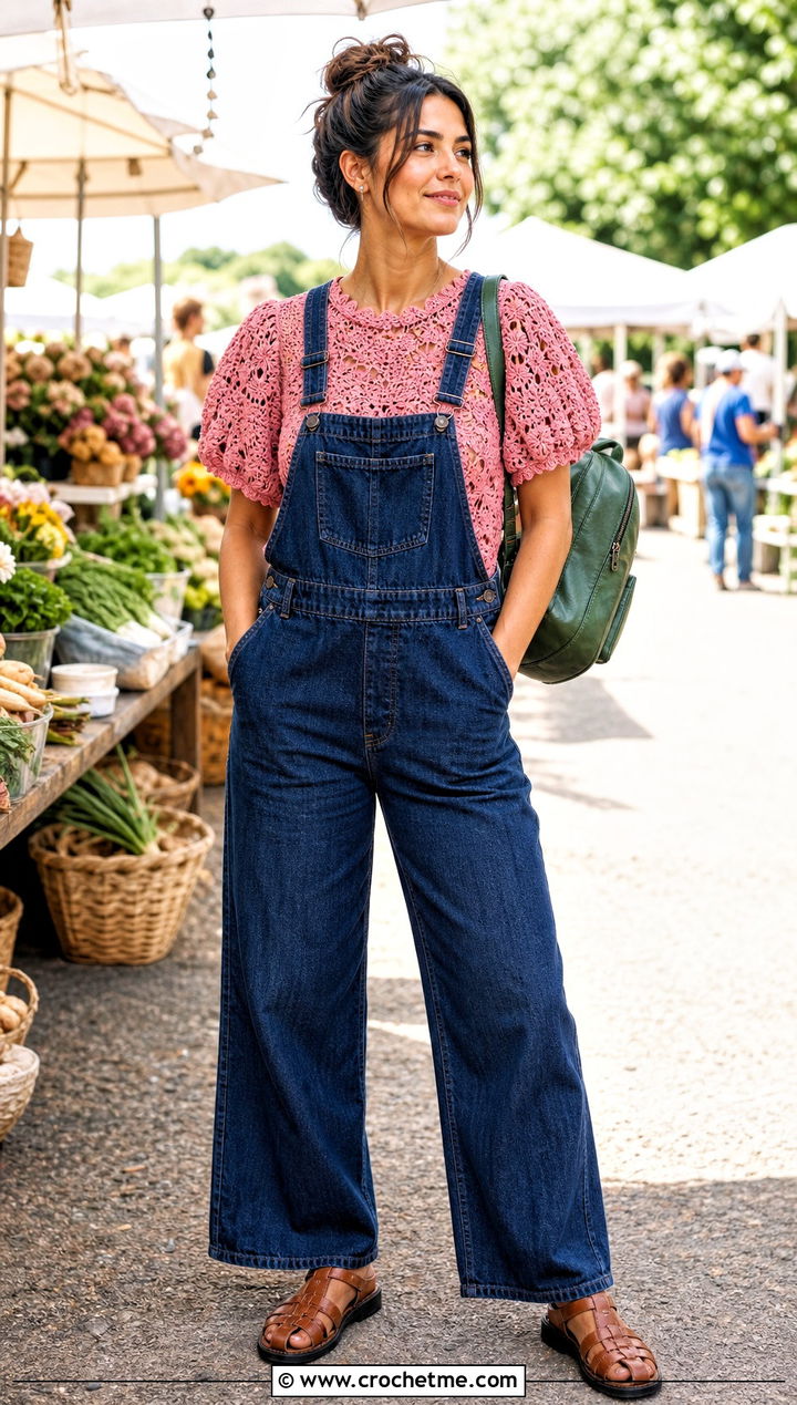 Puff Sleeve Crochet Blouse With Denim Overalls - 25 Boho Crochet Summer Tops outfit ideas