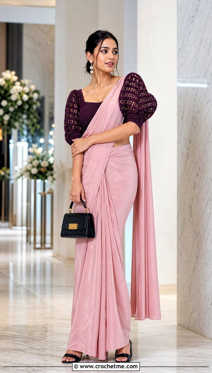 Puff Sleeve Crochet Blouse With Plain Saree - 35 Crochet Blouse For Saree outfit ideas