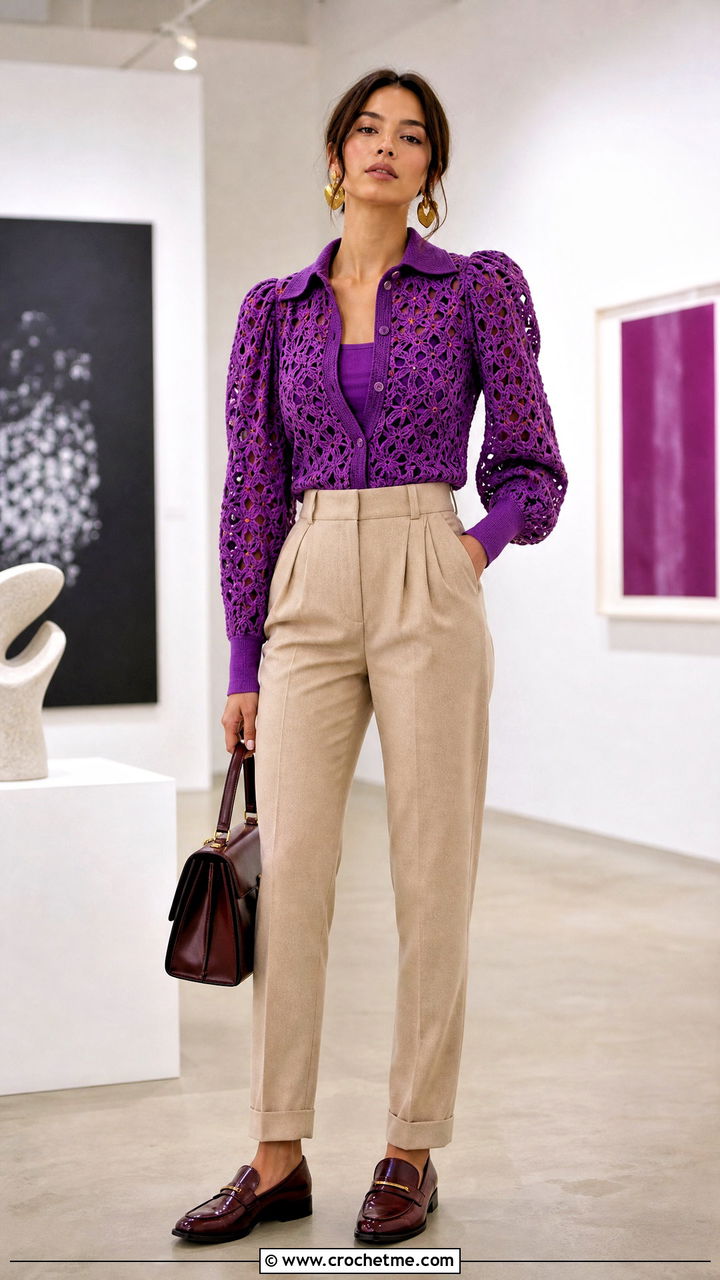 Puff Sleeve Crochet Blouse With Pleated Trousers - 35 crochet top for women outfit ideas
